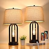 Touch Bedside Table Lamps with Rotary Switch Set of 2, 3-Way Dimmable Bedroom Living Room Lamps with USB Charging Ports, Indu
