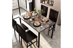 Lamerge 5 Piece Dining Table Set for 4,Faux Marble Kitchen Table and Chairs for 4, Dining Room Table Set with PU Leather Chairs,Small Dining Set for Small Spaces,Living Room, Brown