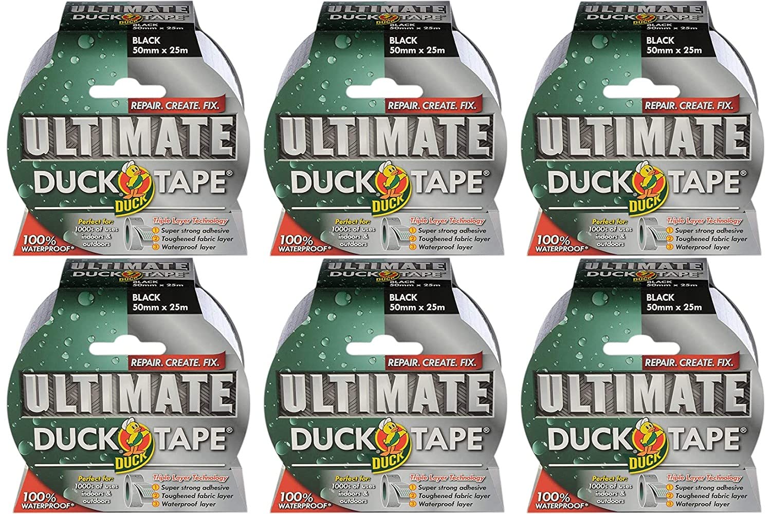 Duck Tape 232152.6 Ultimate Cloth Tape Black 50mm x 25m, Pack of 6