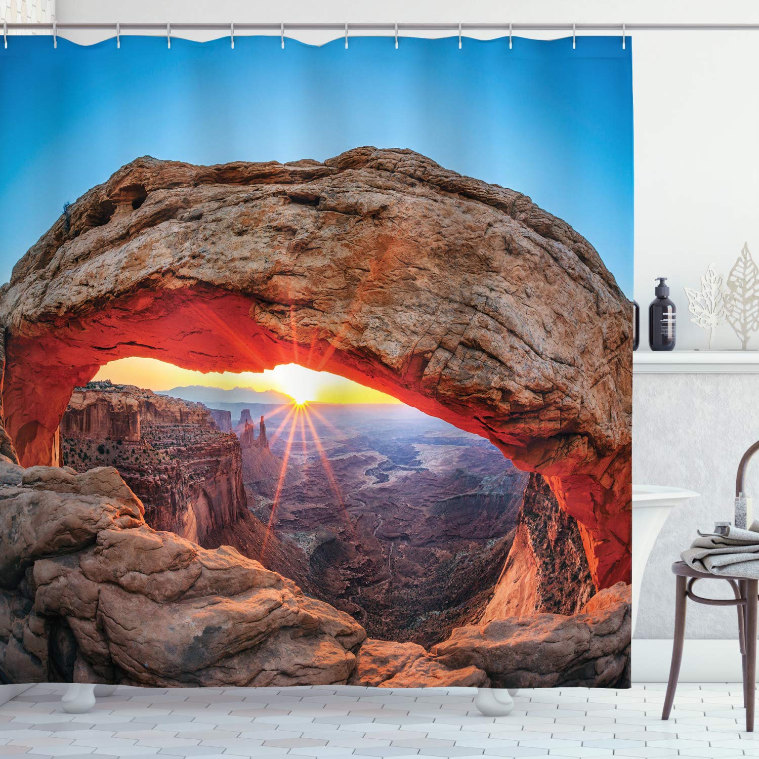 ABAKUHAUS USA Shower Curtain, Famous Sunrise at Mesa Arch in Canyonlands National Park, Utah, USA, Cloth Fabric Bathroom Decor Set with Hooks, 70 Inches, Pale Brown Sky Blue