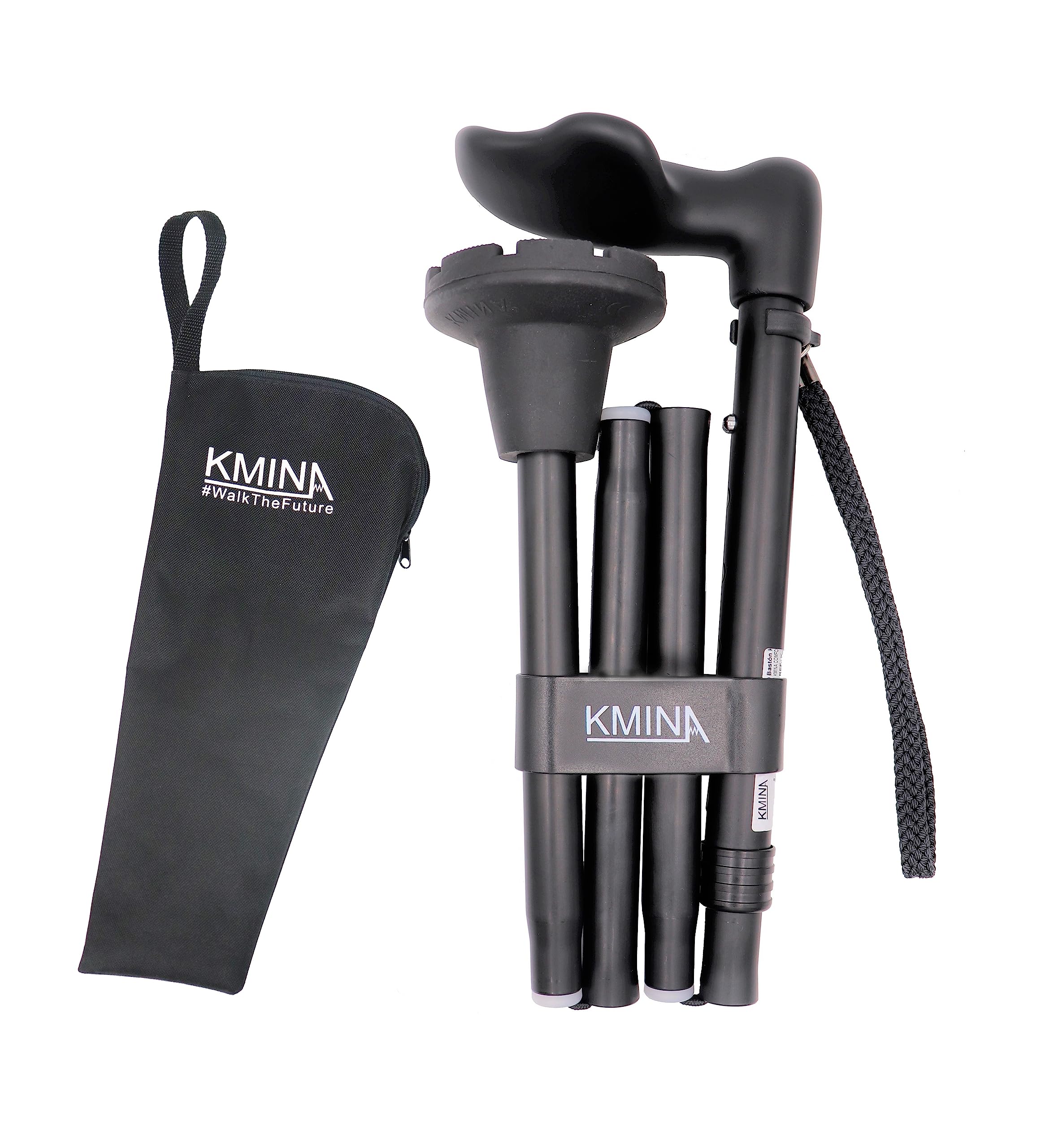 KMINA Folding Walking Sticks for Women and Men (Left Hand), Anatomical Handled Palm Grip, Adjustable Height, Lightweight, Anti Slip Ferrule