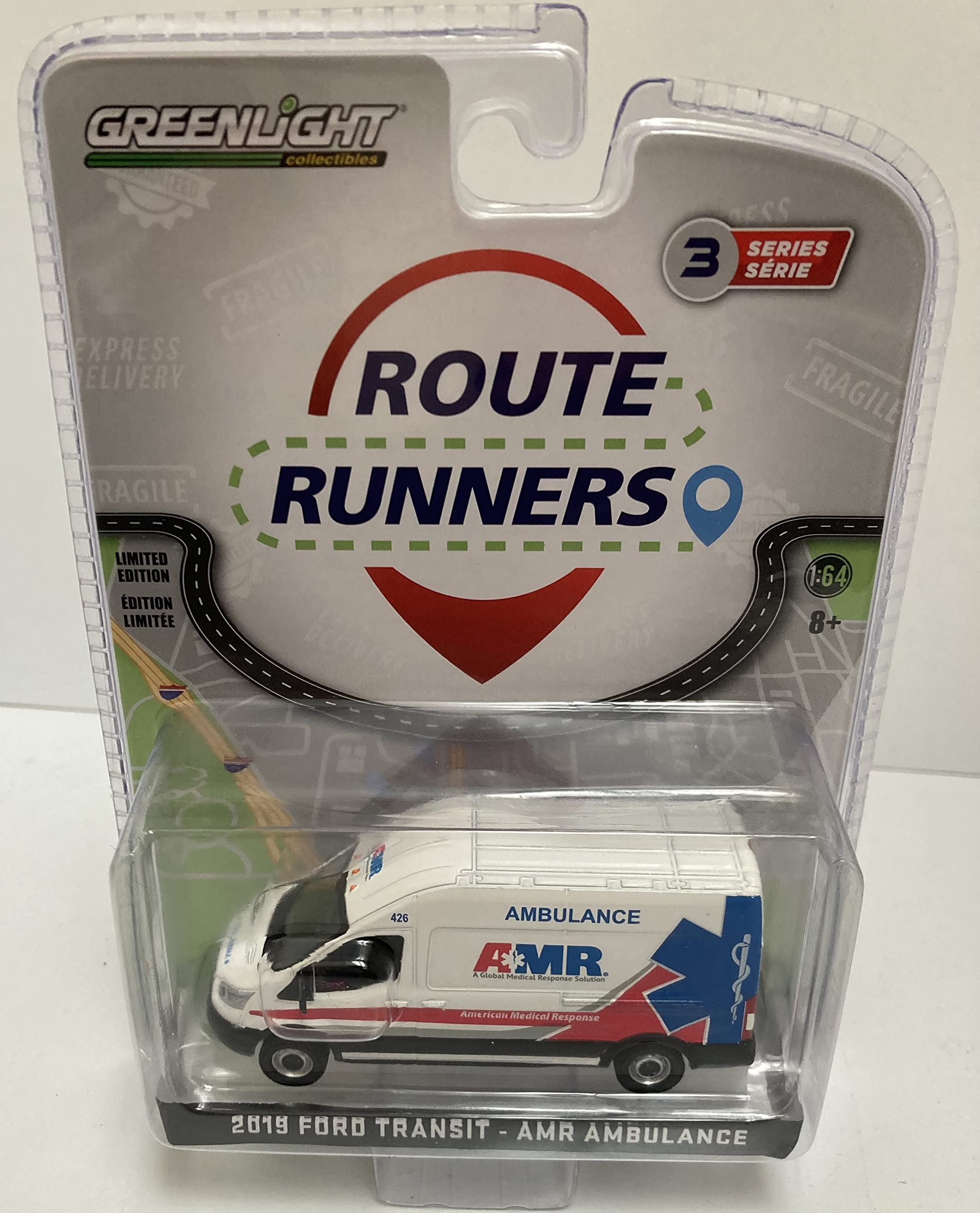GREENLIGHT ROUTE RUNNERS 2019 FORD TRANSIT-AMR AMBULANCE 1/64