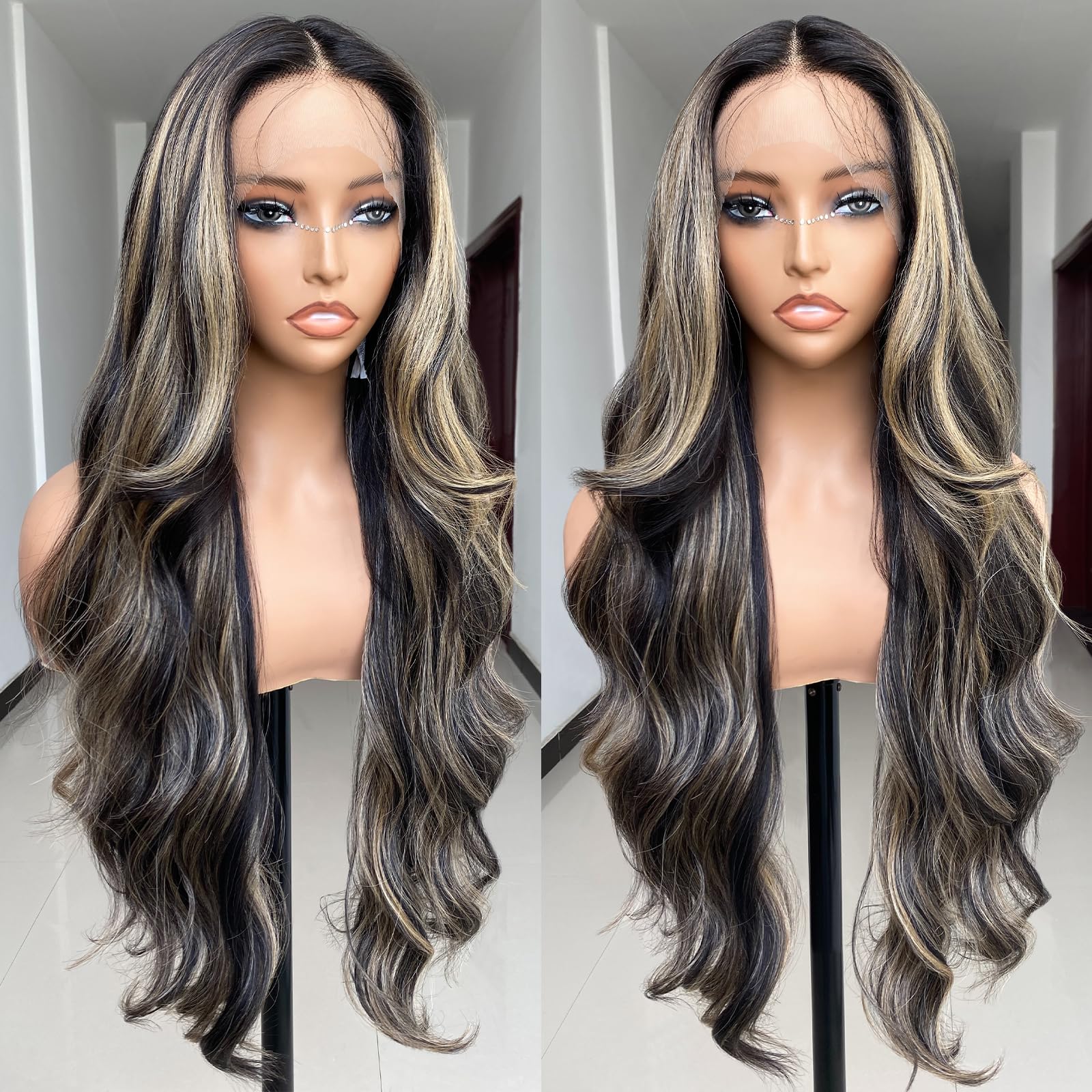Photo 1 of SISgrace 2/27 Ombre Highlight Lace Front Wigs Synthetic Body Wave Wear and Go 13x4x1 T-part Lace 28 Inch Pre-Plucked HD Glueless Ombre Lace Front Wig for Black Women