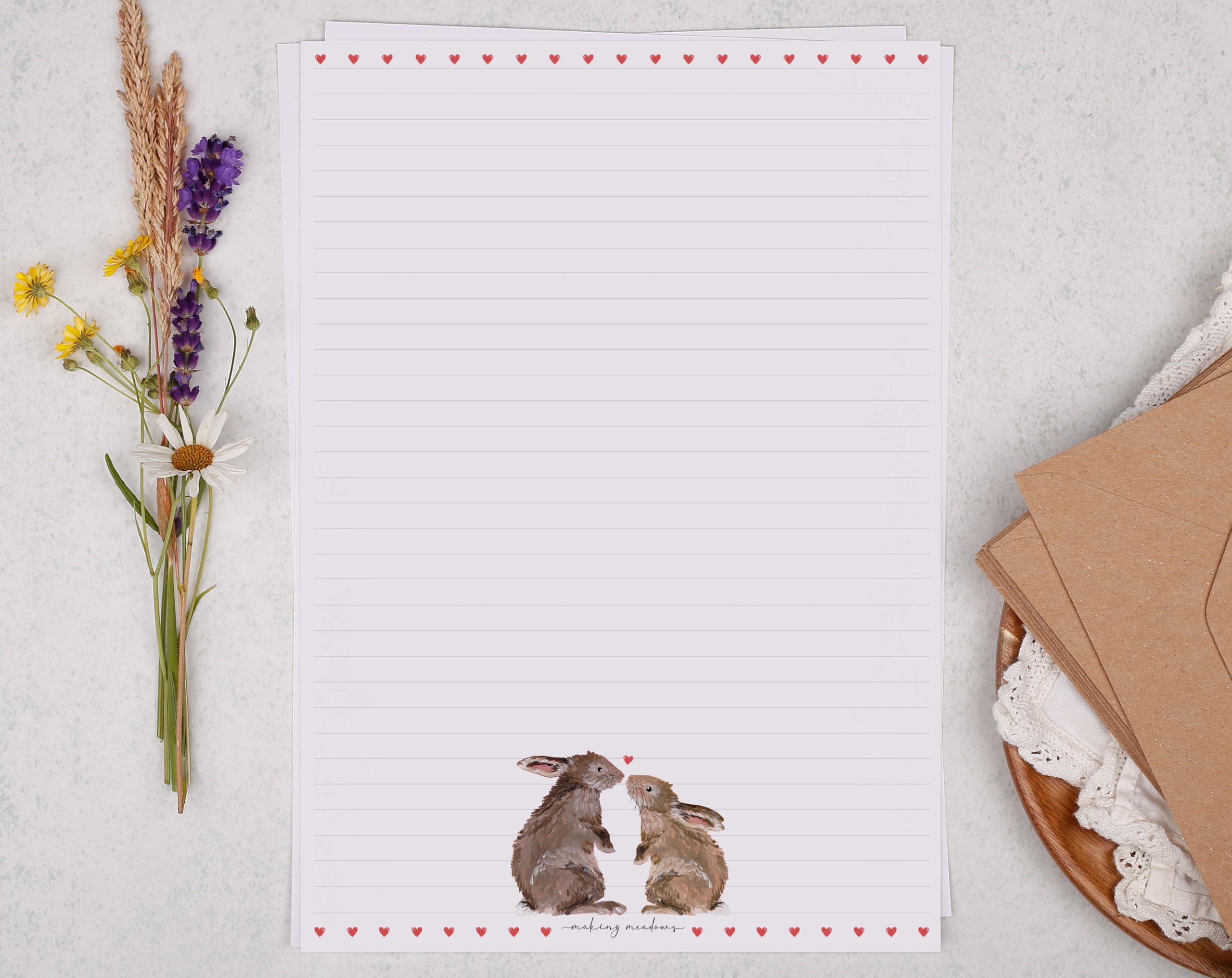 Making Meadows A4 Pretty Writing Paper Set Rabbits in Love Design (20 Sheets & 10 Envelopes), Perfect for Letter Writing, Lined Writing Paper and Envelopes
