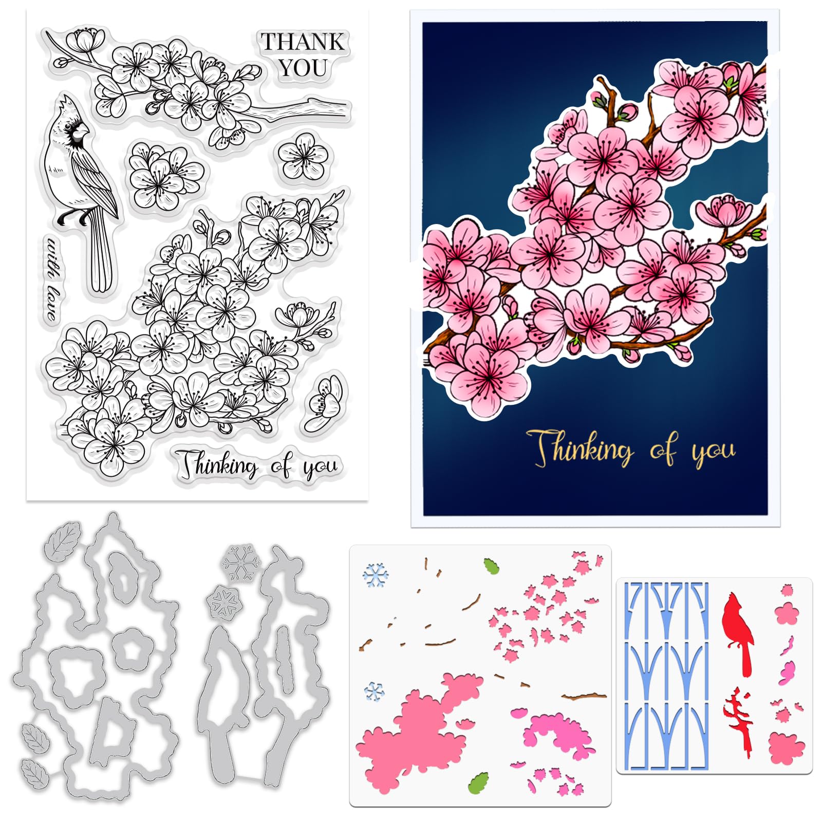 ORIGACH Realistic Winter Spring Plum Blossom Stamps and Die and Layering Coloring Stencil Bundle for Card Making Album Arts Crafts Supplies