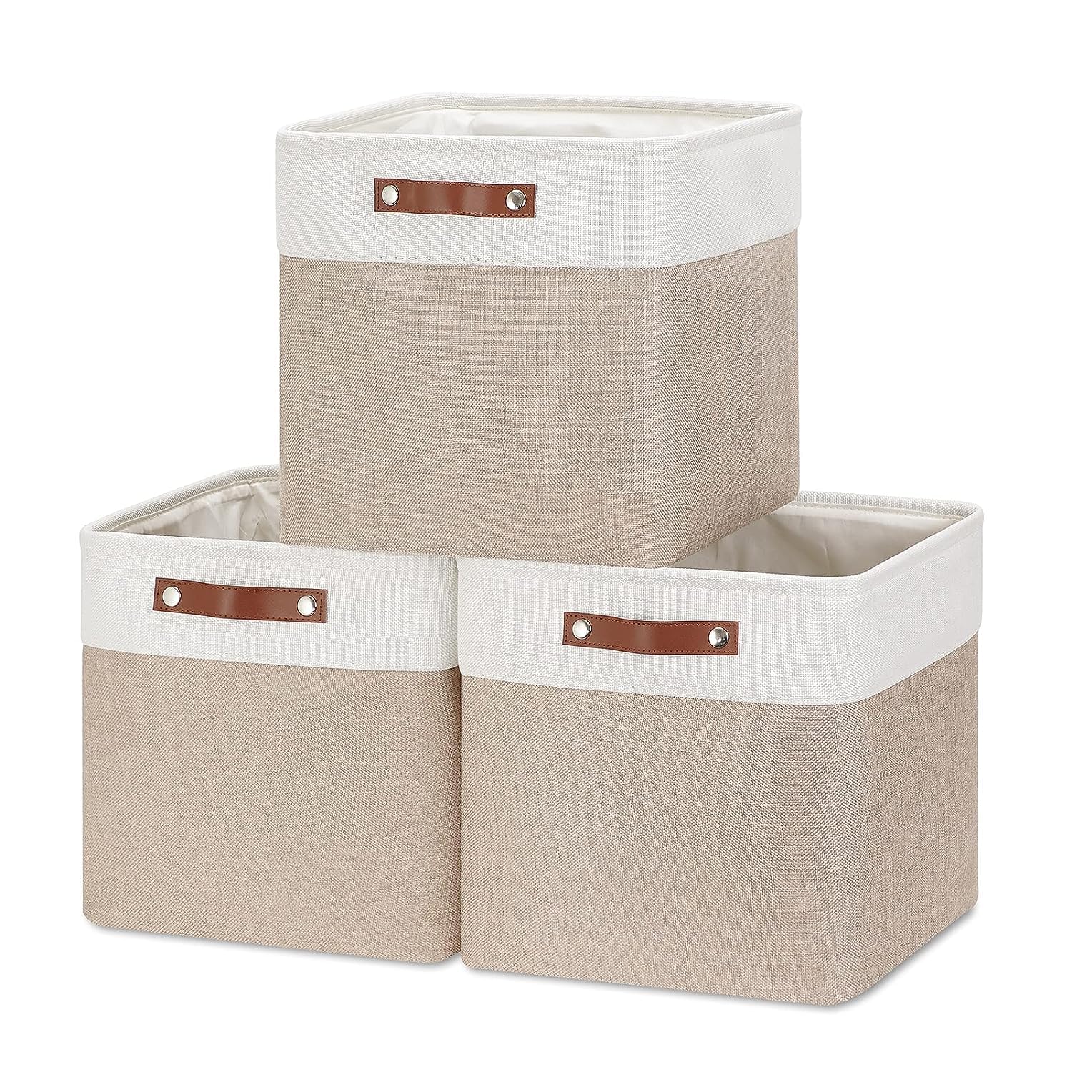 Mangata Collapsible Storage Cube Boxes, 33x38x33cm Linen Woven Fabric Storage Baskets with Leather Handles 3pcs (Light Khaki and White)