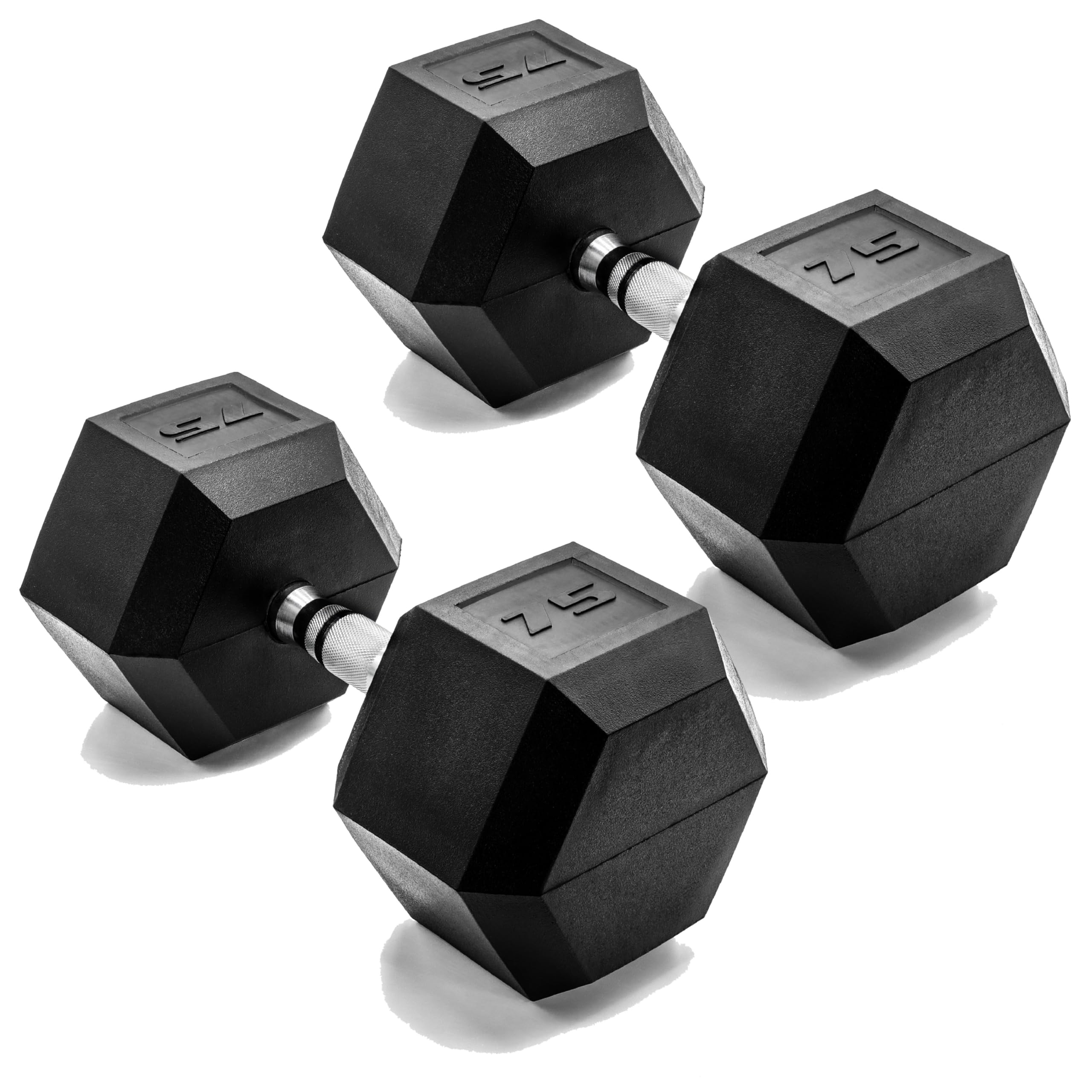 CAP 75 LB Rubber Coated Hex Dumbbell Hand Weight - Pair | Chrome Handle
