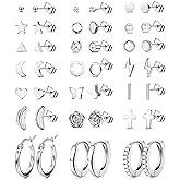 FASACCO 21Pairs Stainless Steel Earrings Silver Stud Hoop Earrings Sets for Multiple Piercing Small Tiny Studs Huggie Hoops