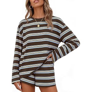 ZESICA Womens 2 Piece Striped Short Sets Fall Lounge Outfit | Long Sleeve Tops and Shorts, Loose Fit, Comfy Matching Sets, Cu
