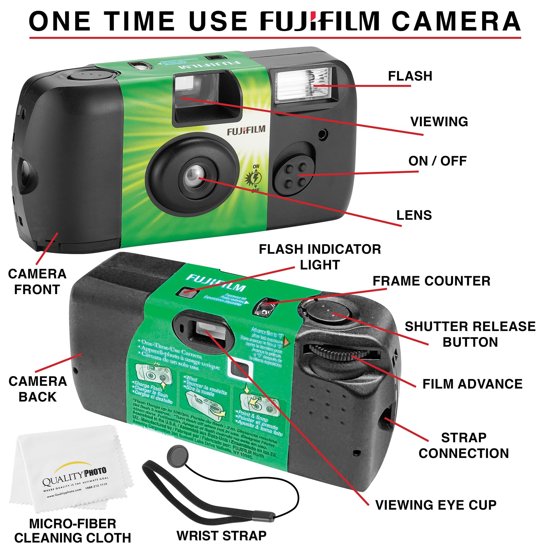 Fujifilm QuickSnap Flash 400 Disposable 35mm Camera (1 Pack) Bonus Hand Strap + Quality Photo Microfiber Cloth