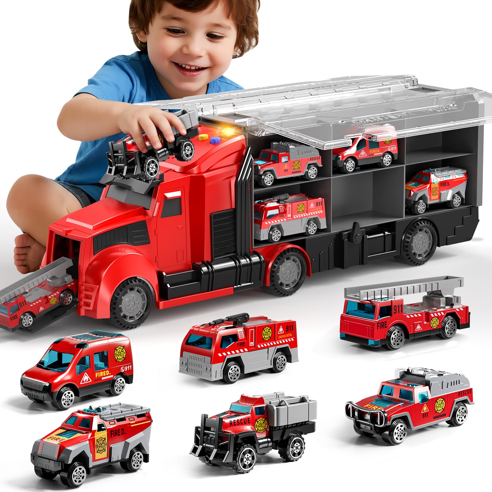 Photo 1 of NIPLOOOW Fire Trucks Toy Set with Play Mat, Carrier Truck Play Vehicles Set for 3 4 5 6 Years Old Boys Kids, Die-Cast Car Toy for Toddlers 3-4 Years, Birthday Gifts Toys for 3-9 Year Old Boys