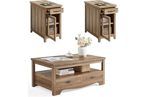 LINSY HOME Farmhouse Coffee Table Sets 3 Pieces, Wood Living Room Table Set Include 41" Coffee Table, End Table Set of 2, Brown