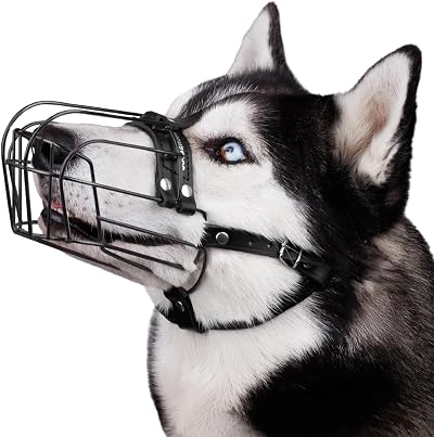 BRONZEDOG Adjustable Metal Wire Basket Dog Muzzle with Leather Straps Large