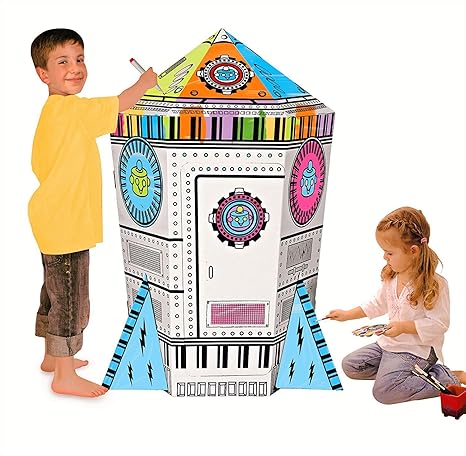 COOLDOT DIY Raketenhaus mit Licht und Musik Früherziehung Spielzeug Karton Spielhaus für Kinder zum Ausmalen