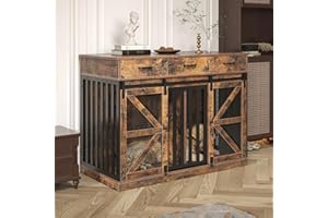 Saudism Dog Crate Furniture for Large Dog or 2 Small Dogs, Wooden Large Dog Kennel with 3 Storage Drawers and 2 Sliding Doors, Decorative Dog Cage TV Stand with Removable Divider, Classic Brown