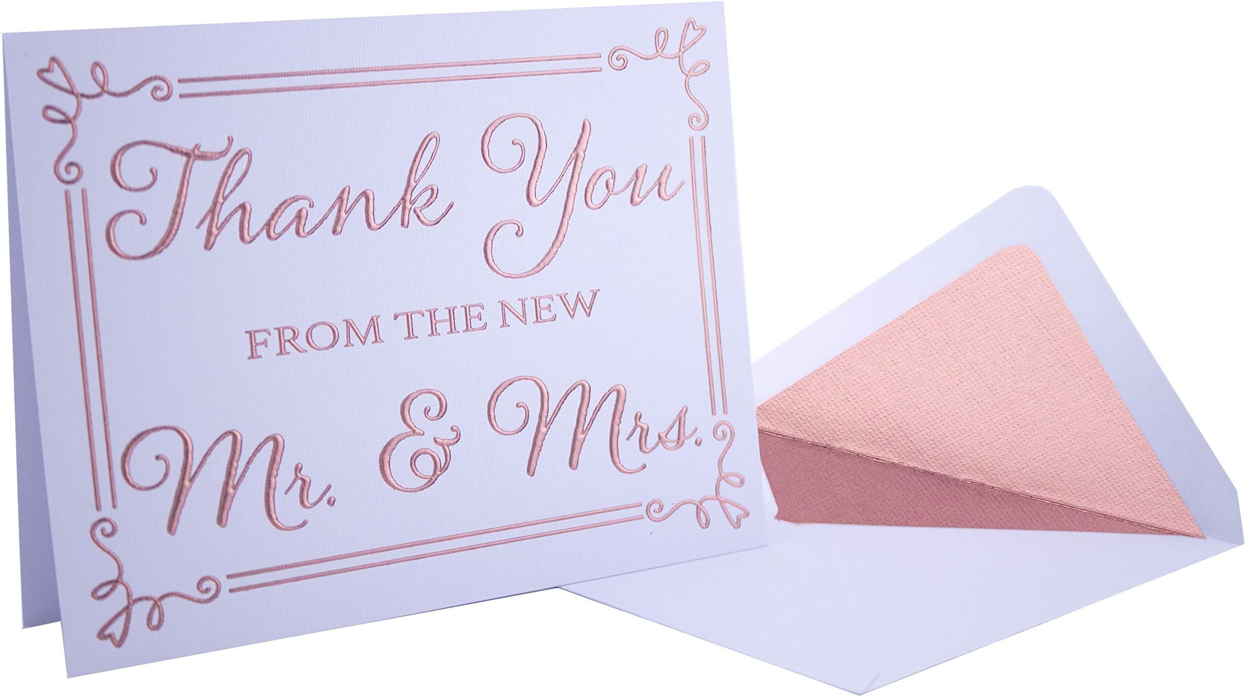 Wedding Thank You Cards 20 Pack - Rose Gold Foil Embossed"Thank You From The New Mr and Mrs" on Heavy Linen Texture Cardstock - Includes 20 Euro Flap Rose Gold Foil Lined Envelopes (A2)