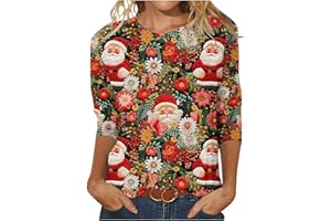 HNODOV Merry Christmas 3/4 Sleeve Tops for Women Cute Xmas Tree Tshirts Plus Size Crew Neck Blouse Soft Holiday Pullover Tees
