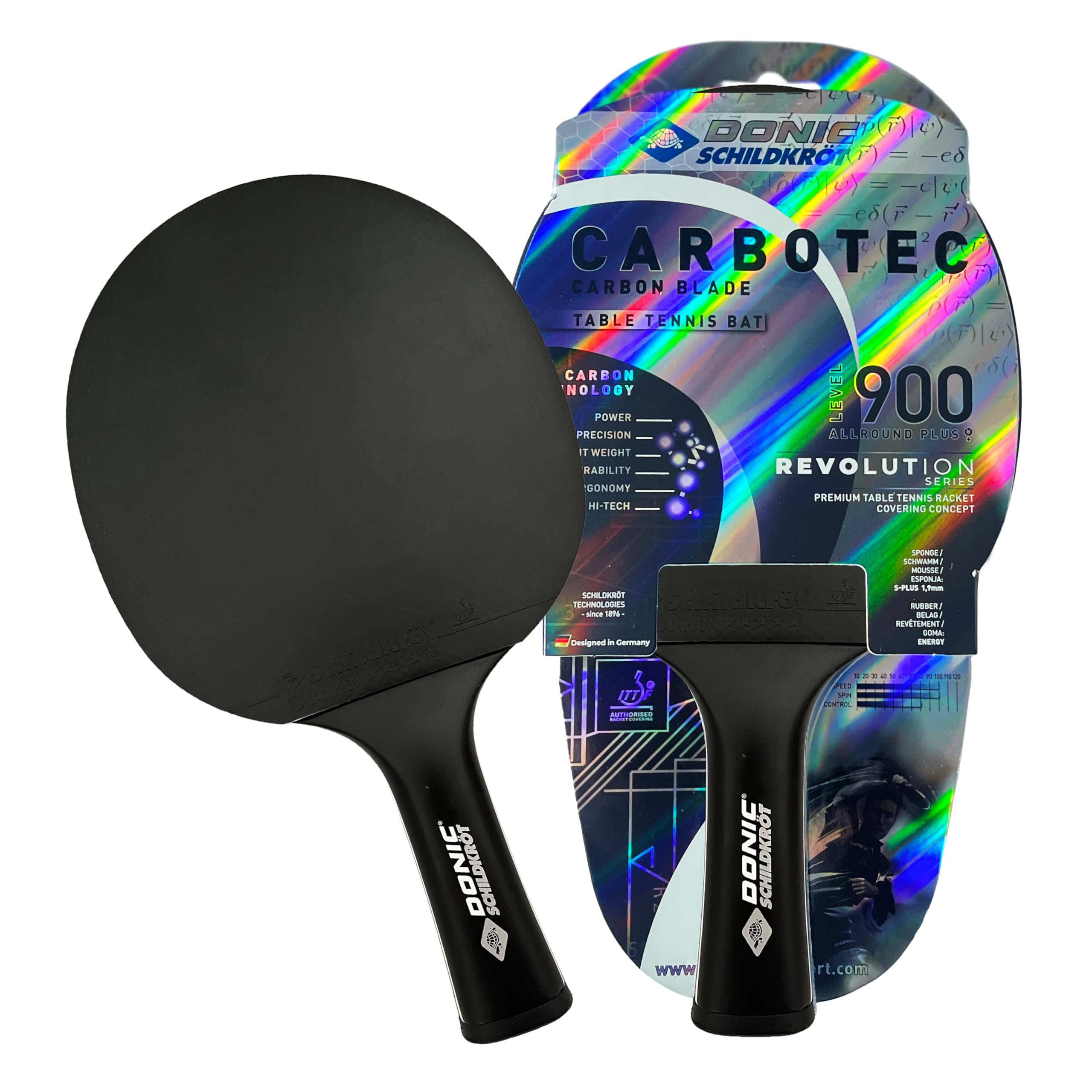 Donic-Schildkröt CarboTec 900 Table Tennis Racket, 20% Carbon, 1,9 mm Sponge, Champion QRC Pad - ITTF, 758219