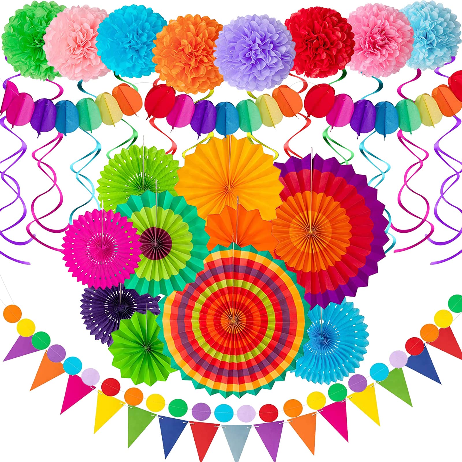 33Pcs Fiesta Party Decoration Kit - Colorful Hanging Paper Fans, Tissue Pompoms, Rainbow Swirls, Triangle Bunting Flags for Birthday, Wedding, Mexican Party Decor