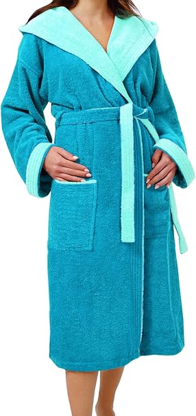 Lashuma Bademantel Mit Kapuze Fur Damen Herren Frottee Saunamantel 100 Baumwolle Farbe Blau Turkis Aquamarin Amazon De Bekleidung