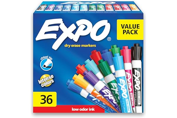 EXPO Low-Odor Dry Erase Markers, Chisel Tip, Assorted Colors, 36 Count