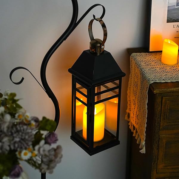 TRIROCKS DECORATIVE VINTAGE CANDLE LANTERNS 15.5″ H FARMHOUSE OUTDOOR HANGING LANTERNS WITH TEMPERED GLASS FOR PORCH, BALCONY, PATIO, HOME, CENTERPIECES, INDOOR, OUTDOOR(BLACK WITH GOLD TOP)