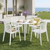 WOOW DEPOT Outdoor Patio Chairs,Plastic Stackable Dining Chairs,All Weather | White Injection-molded Chairs with Armrest Set of 4, No Assembly, for Balcony Garden Bistro Yard Poolside Kitchen