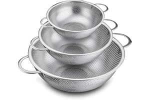 P&P CHEF Colander Set of 3, Stainless Steel Micro-Perforated Colanders Strainers for Draining Rinsing Washing, Ideal for Past