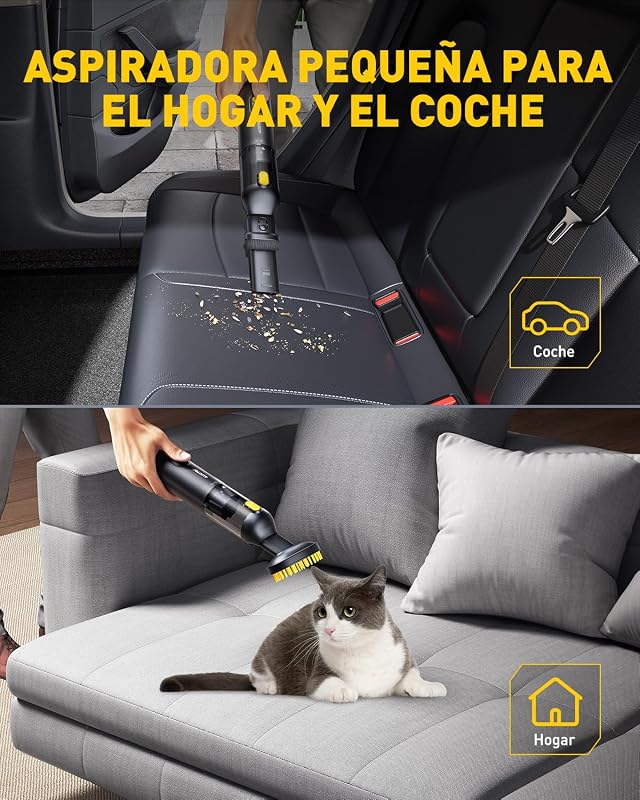Aspirador de Mano - Aspirador Coche de 24000 Pa, Autonomía de 30 Minutos,4 en 1, Recargable, Portátil y Ligero, Mini Aspiradora Potente para Coche, Hogar, Oficina y Pelo de Mascotas(Prieto) — foto 6 de 8