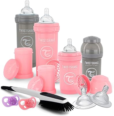 Newborn Anti-Colic Baby Bottle Set with Milk Powder Container and Mixer - 9 Pieces | 4 x Milk Bottles - 2 x Pacifiers - 2 x Teats - 1 x Bottle Brush | BPA-Free | 0m+ | Pink Grey