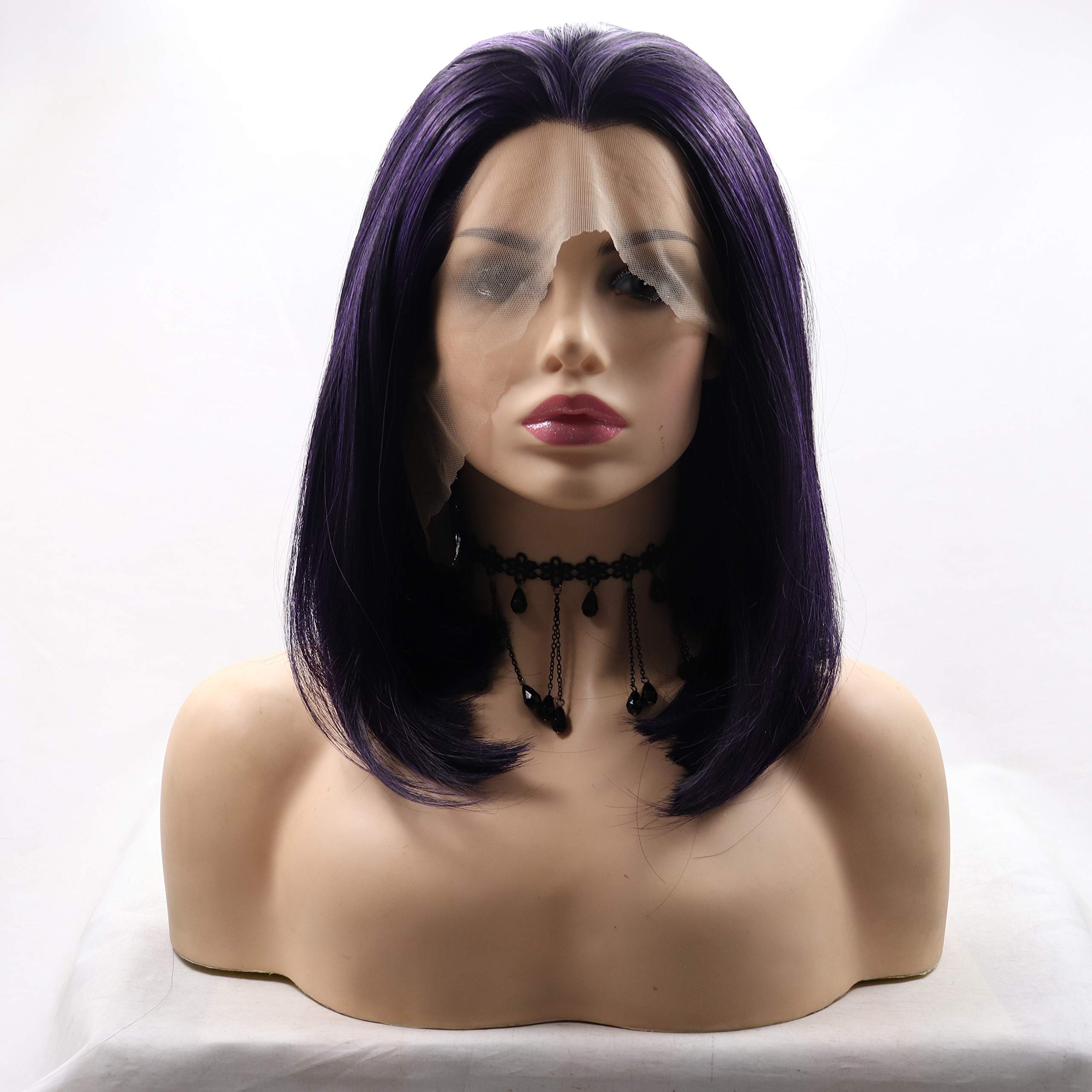 xiweiya Mixed Purple Short Cut Lace Front Wig Bob Straight Free Part Synthetic Wigs Heat Resistant Synthetic Lace Front Wigs for Women Dark Purple Short Haircut Hand Tied Replacement Full Wig