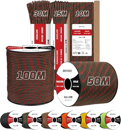 BROTREE 4mm Paracord 550 Reflective Army Green 15M 250kg Nylon Rope 7 Strands