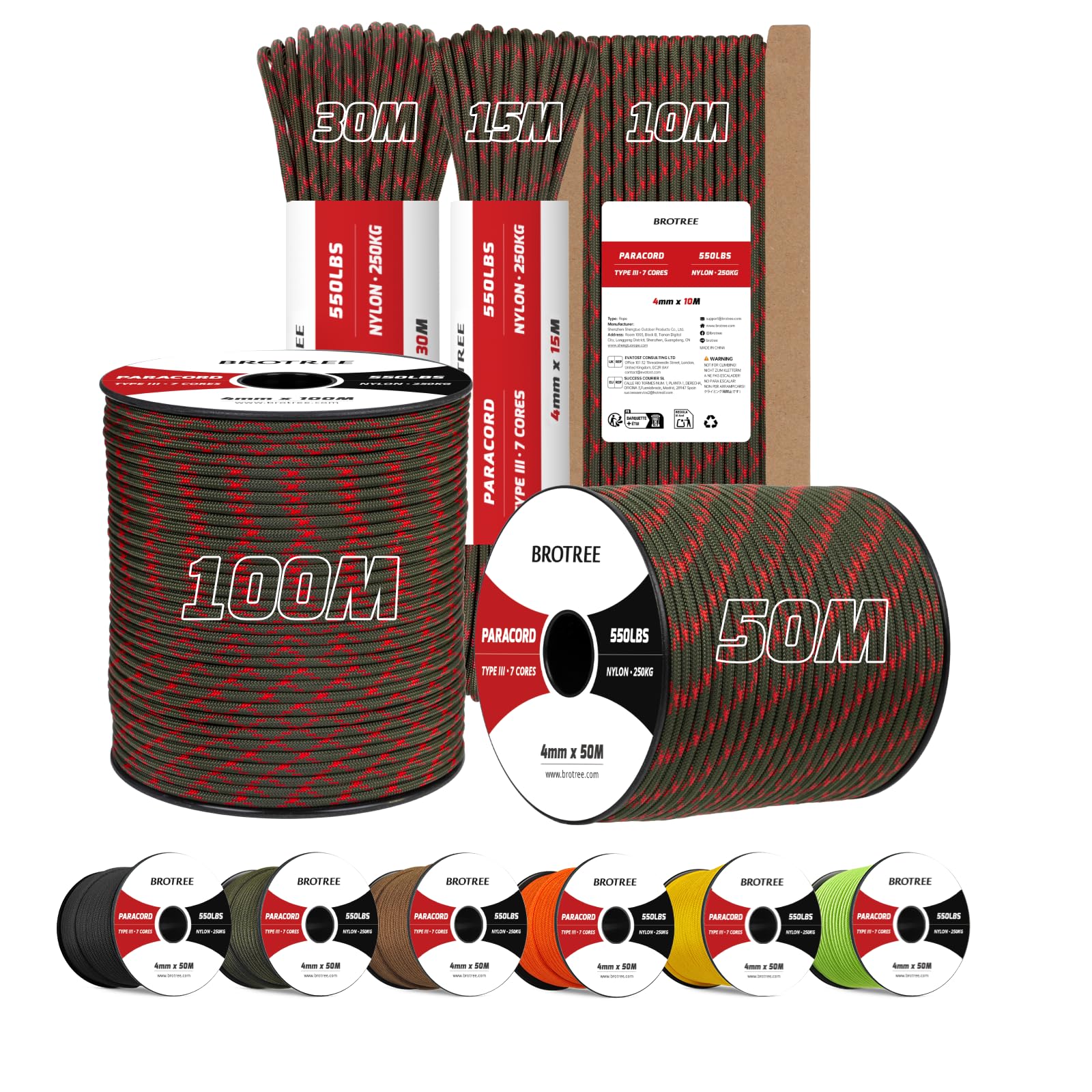 Brotree 4mm Paracord 550 30M 100% Nylon Rope 7 Strands Type III Parachute Cord for Outdoor and DIY - 250kg Breaking Load (Apocalypse)