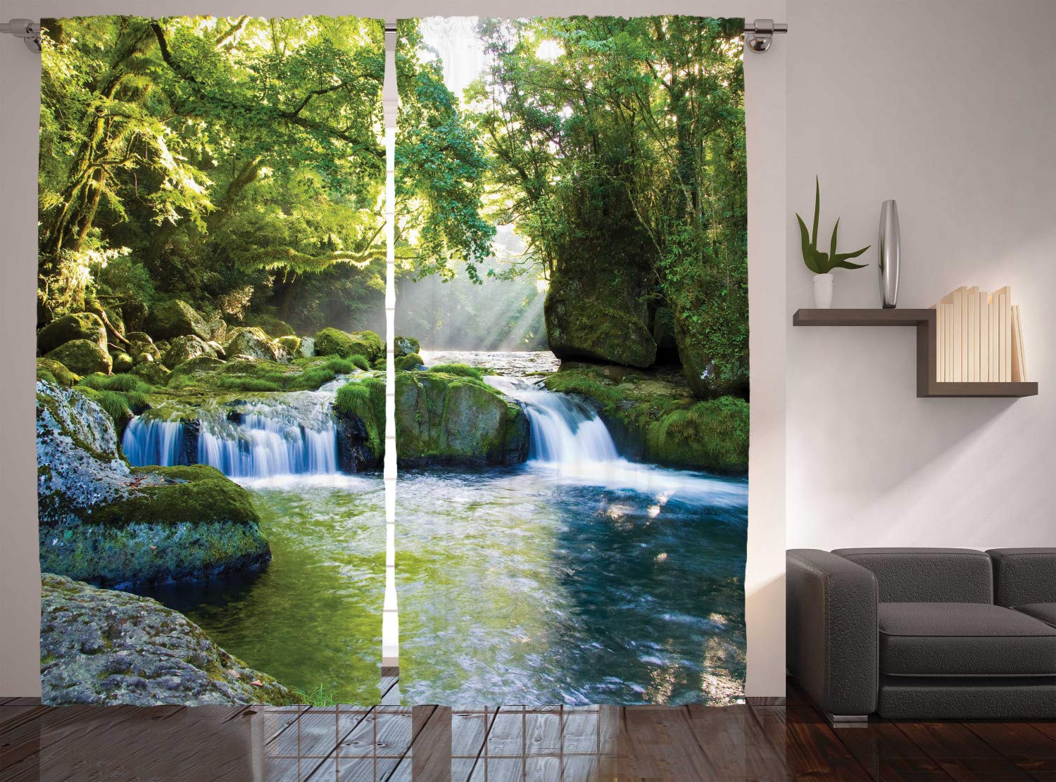 ABAKUHAUS Rainforest Curtains, Foliage Jungle Misty Mountains Waterside River Shaft Sunbeams Image, Living Room Bedroom Window Drapes 2 Panel Set, 280 x 225 cm, Yellow Green Blue