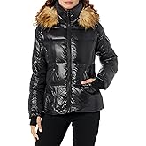 S13 Women's Gloss Faux Fur Trimmed Allie Puffer Coat, Jet/Natural