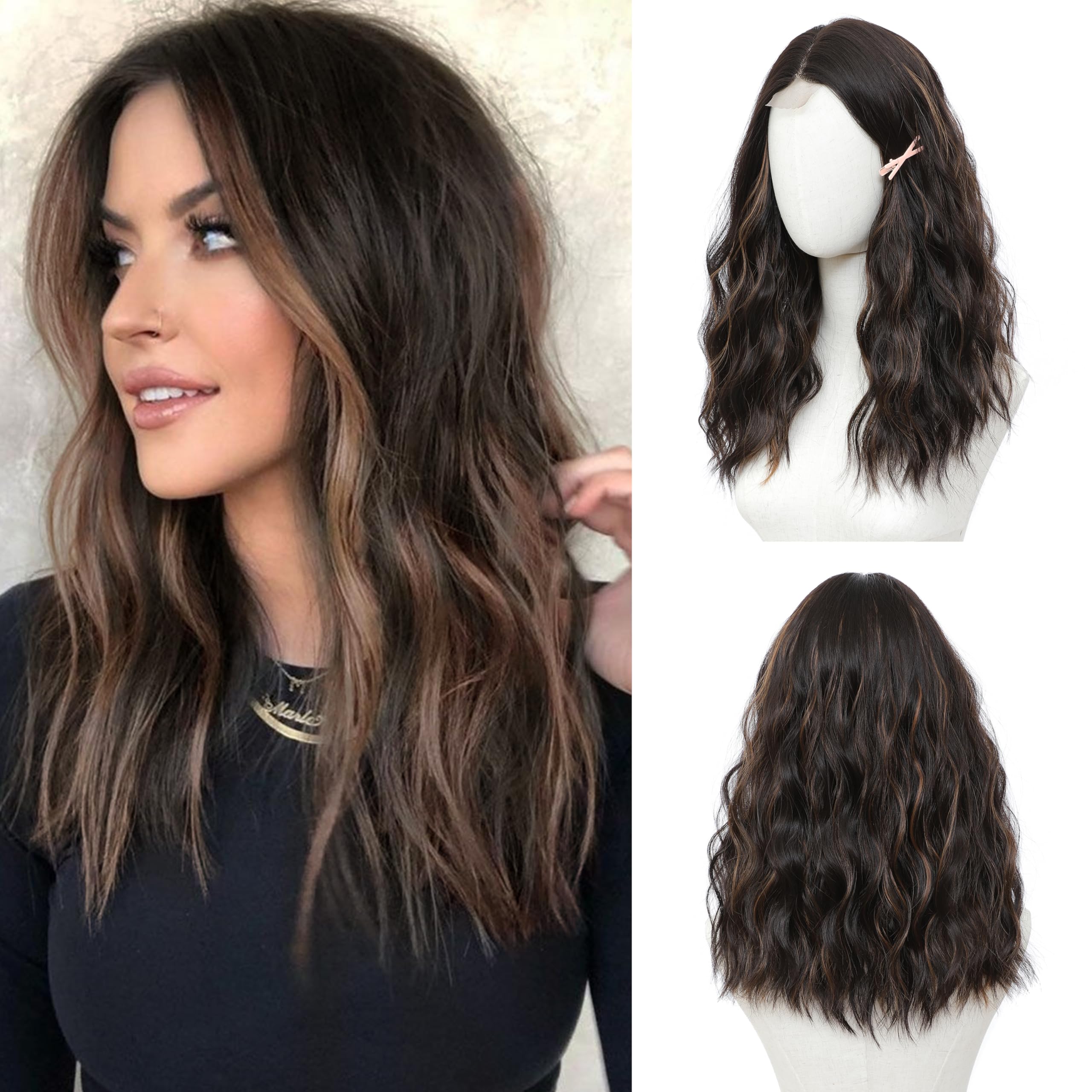 Photo 1 of BUPPLER Brown to Highlight Wig 18 Inch Medium Length Wigs for Women Middle Part Synthetic Hair Wavy Wig 18Inch,Brown to Highlight(Color of The Headwear Might Vary Slightly Due to Screen Settings)