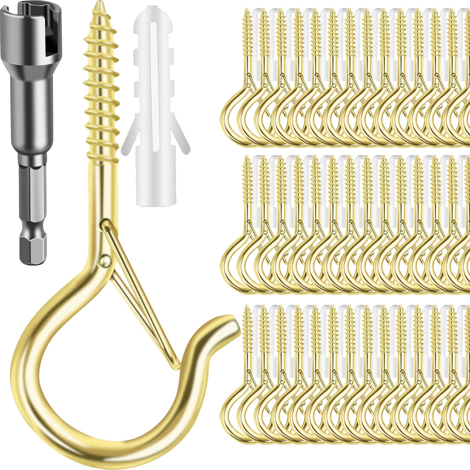 Photo 1 of 100 Pack Screw-in Hooks for Outdoor String Lights, Q Hanger Hooks for Outside, Swivel Hanging Basket Patio Hook with Safe Buckle, Plant Eye Hook for Wall Ceiling with 1 Wing Nut Driver, Gold