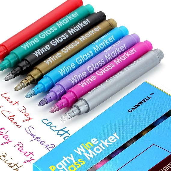GAINWELL WEINGLAS MARKER / STIFTE - 8-teiliges Set, lebensmittelecht, zum Beschriften von Gläsern,MEHRWEG