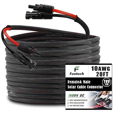 Feotech Twin Wire 20FT Solar Extension Cable - 10AWG (6mm²) Solar Panel Connector, with 4 Pairs-IP67-Male/Female Solar connectors for Outdoor Automotive RV Boat Marine Solar Panel- Black & Red