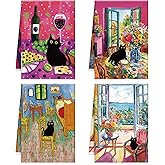 Black Cat Kitchen Towels Set of 4, Absorbent Cat Flower Hand Towels, Hanging Cute Animals Microfiber Dish Towel for Kitchen Cooking Cleaning Home Decoration Aesthetic Design Housewarming Gifts
