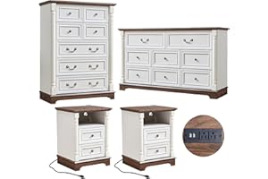 OKYCI 4PC Farmhouse Dresser and Nightstand Sets for Bedroom, Including Tall 7/8 Drawer Dresser & 2 Drawer Night Stand Set of 2 with USB, Antique White