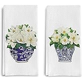 Qpenm Chinoiserie Vase Kitchen Tea Towel Set of 2 - Floral Dish Towels, Vintage Kitchen Towels, Waffle Weave Hand Towels 16 X 24 Inch