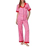 Room Service Womens Pajama Sets, Short Sleeve Soft Stretch Jersey Button Down Top with Pants 2 Piece Lounge Sets for Women