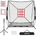 BAGAIL 7x7 ft Baseball & Softball Practice Net with Bow Frame for Batting, Hitting, Pitching, Portable Baseball Throwing Net with 2 Strike Zone Batting Tee, Carry Bag, Great for All Levels