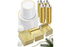 BESTVIP 600PCS Gold Dinnerware Set for 100 Guests, Plastic Plates for Party, 100 Gold Disposable Plates, 100 Dessert Plates, 100 Cups, 100 Spoons, 100 Forks and 100 Knives