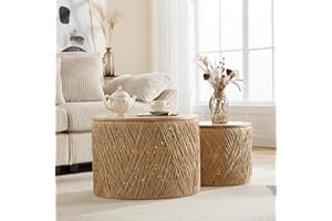 LZAREAL Farmhouse Round Coffee Table with Storage Boho Living Room Table with Lifting Top Hand-Woven Rattan Nesting Coffee Tables for Living Room, Natural