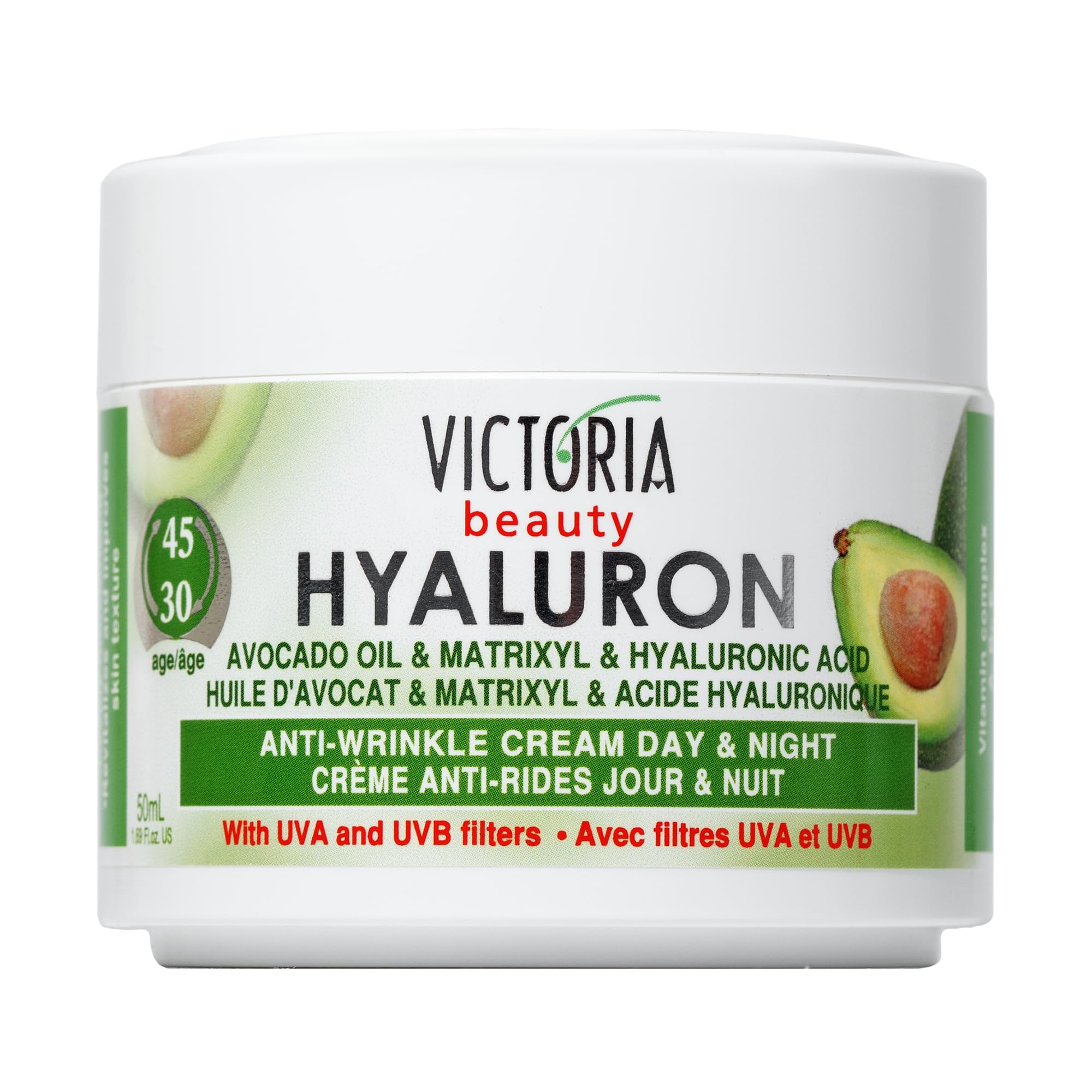 Victoria Beauty Face Cream with Hyaluronic Acid and Avocado Oil - Hydrating, Tightening and Firming Anti Wrinkle Day & Night Cream With UV Filters - 50ml