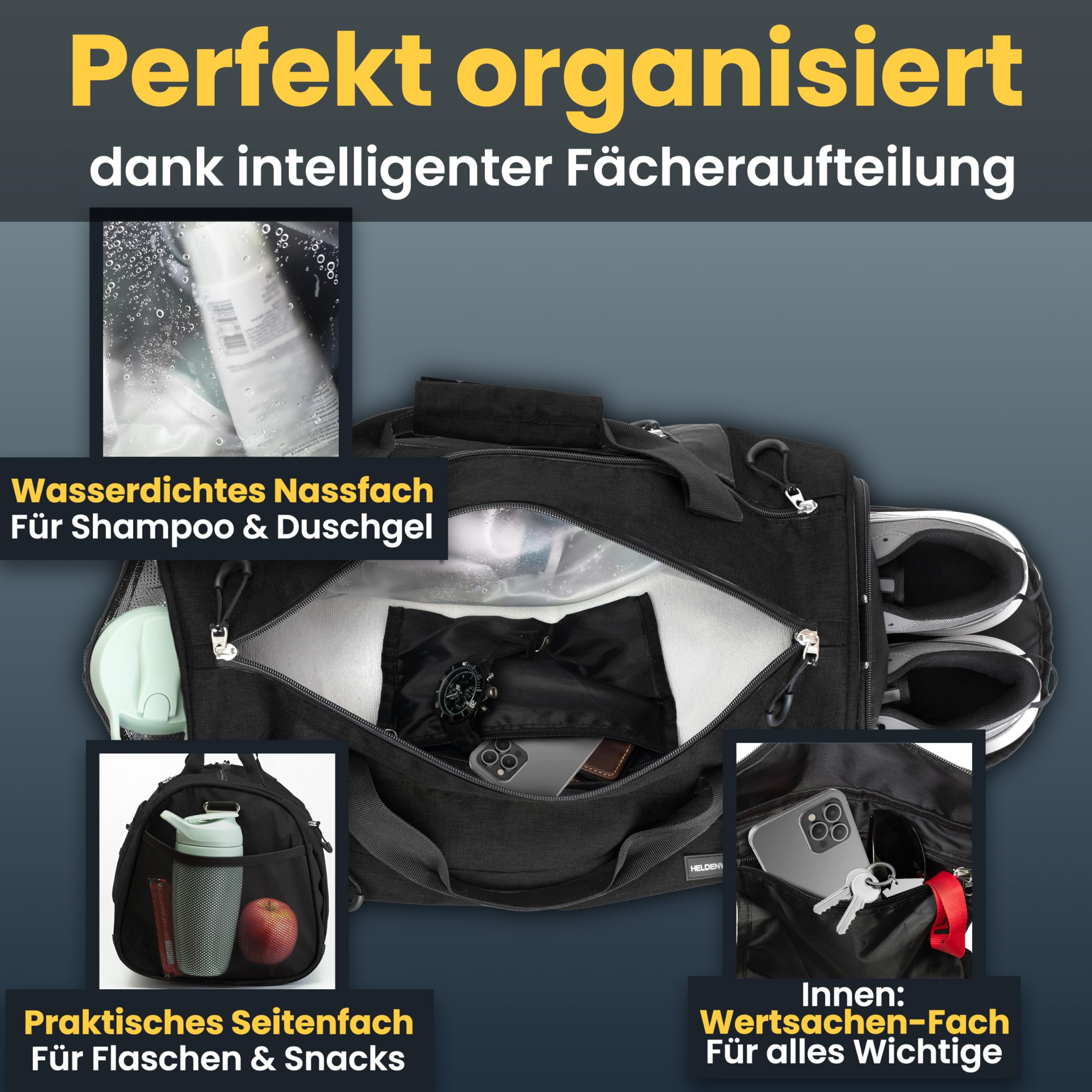 Heldenwerk® Sporttasche & Reisetasche für Damen und Herren klein I Trainingstasche mit Schuhfach und Nassfach I ideal als Reisetasche Handgepäck, Gym Bag, Fitness Tasche, Trainings Tasche, Sport Bag 7
