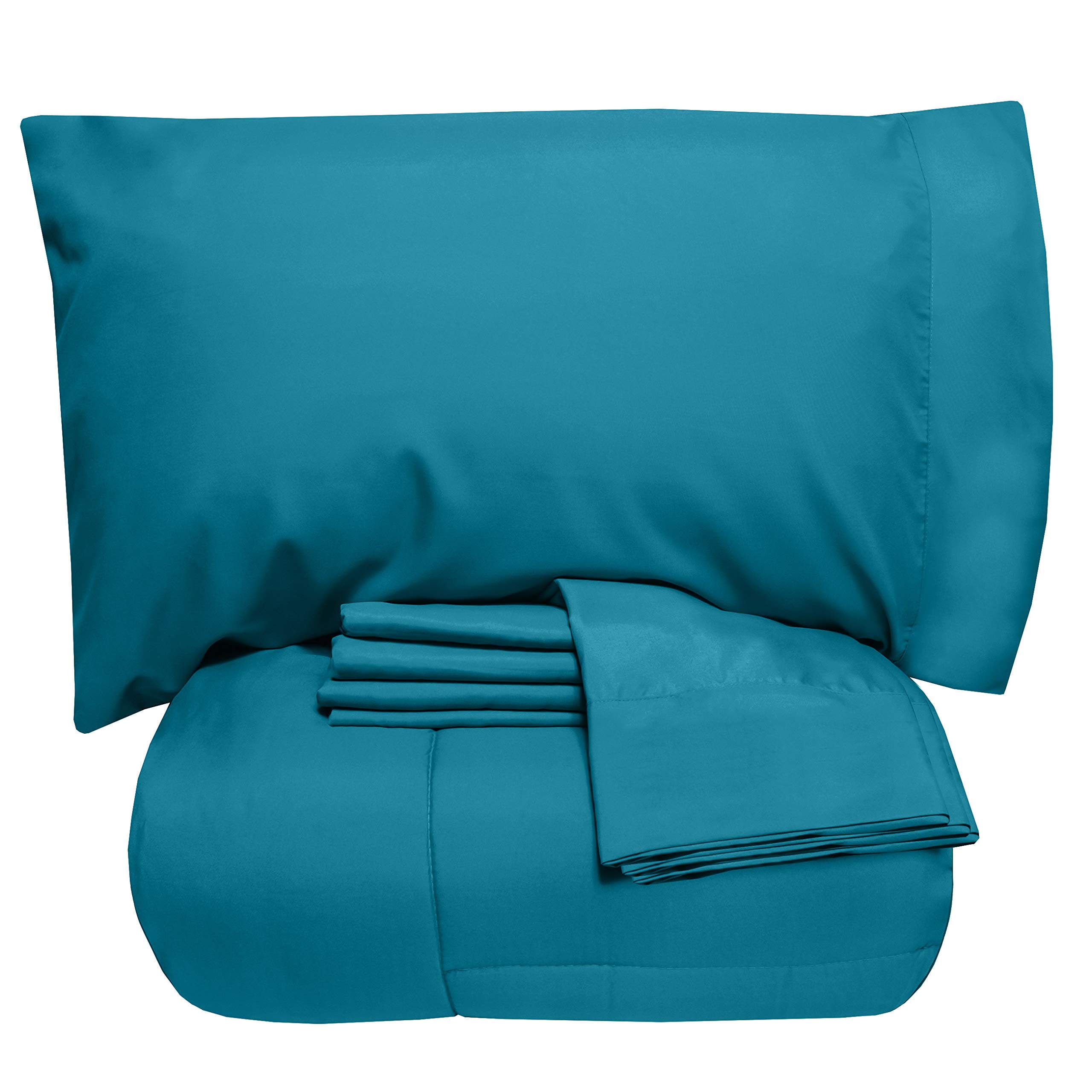 Sweet Home Collection7 Piece Comforter Set Bag Solid Color All Season Soft  Down Alternative Blanket Luxurious Microfiber Bed Sheets, Teal, Full