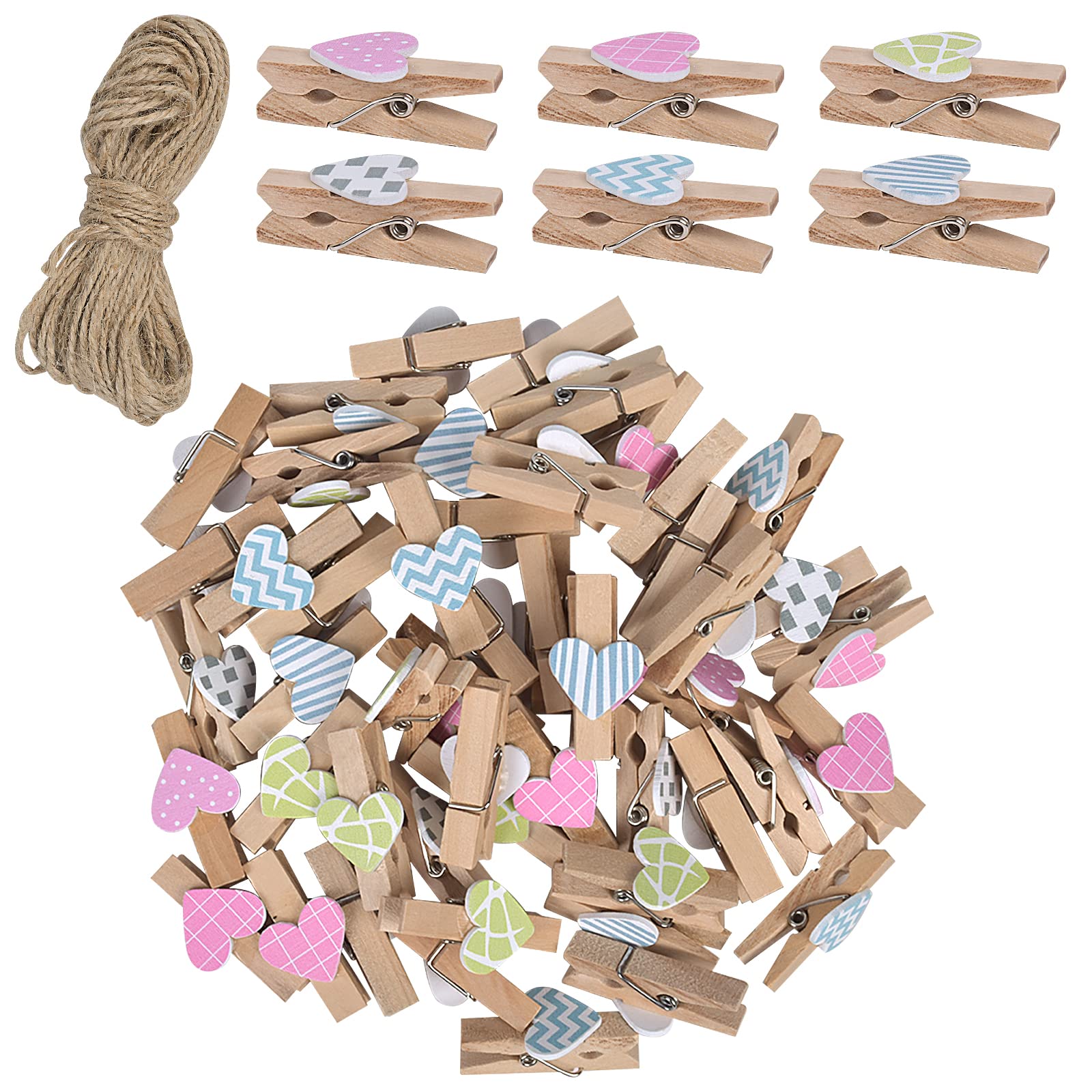 Hanunalir 50 Pcs Wooden Photo Display Clips Colored Mini Wooden Heart pegs, Craft Photo Clips DIY Craft Clips with Jute Twine String, Wall Hanging Picture and Cards (3.5cm)